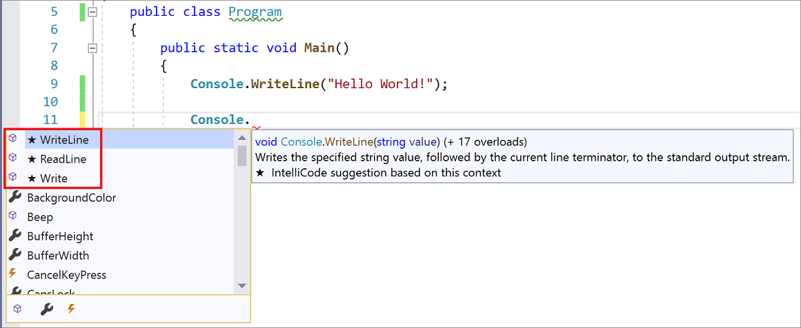 Снимок экрана отмеченных предложений IntelliSense с использованием IntelliCode в Visual Studio.