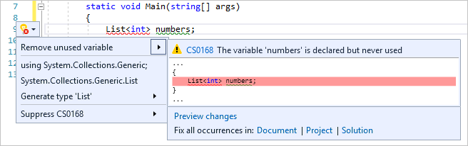 Снимок экрана: предварительный просмотр значка лампочки Visual Studio.