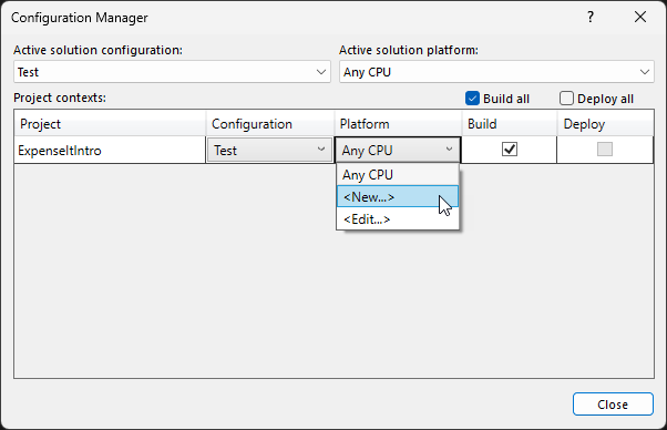Снимок экрана: создание новой платформы проекта в Configuration Manager.