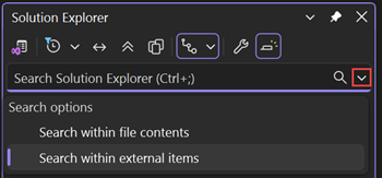 снимок экрана: панель поиска обозревателя решений и параметры поиска в Visual Studio.