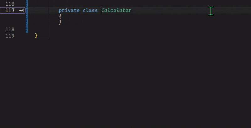 Анимированный снимок экрана, показывающий встроенное завершение Copilot, где наведите указатель мыши на сегмент и щелчок принимает завершение до позиции курсора.