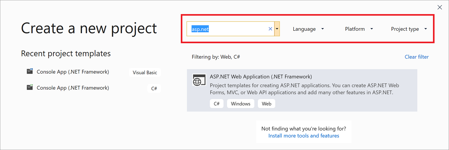 снимок экрана фильтров шаблонов проекта в Visual Studio 2019.