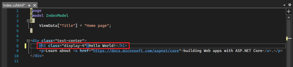 снимок экрана: файл Index.cshtml в редакторе Visual Studio Code с текстом приветствия изменен на Hello World!.