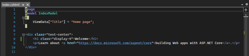 снимок экрана: файл Index.cshtml открыт в редакторе Visual Studio Code.