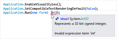 Снимок экрана: действие наведения указателя на ошибку Visual Studio.