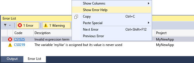Снимок экрана: поиск по списку ошибок Visual Studio Bing.