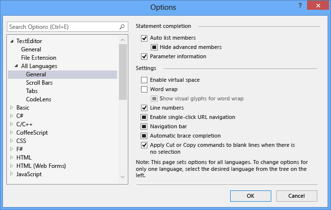 Скриншот параметра отображения номеров строк в Visual Studio.