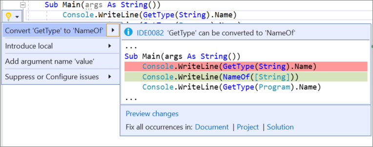 Screenshot меню быстрых действий и рефакторингов в Visual Studio с выбранным преобразованием GetType в выбранный и Visual Basic изменения кода показаны.