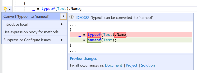 Screenshot меню быстрых действий и рефакторингов в Visual Studio с выбранным параметром 