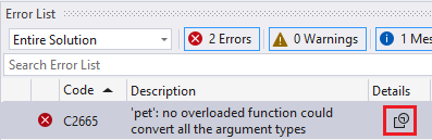 Снимок экрана: список ошибок Visual Studio с одной записью с значком в столбце сведений.