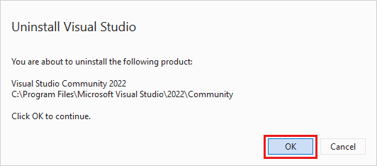 Снимок экрана: диалоговое окно для подтверждения удаления Visual Studio 2022.