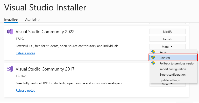 Снимок экрана: установленная версия Visual Studio 2022 с выбранным в меню 