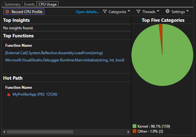 Screenshot that shows Diagnostics Tools CPU Usage Tab.