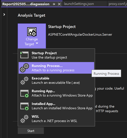 Снимок экрана: выбор выполняемого процесса.