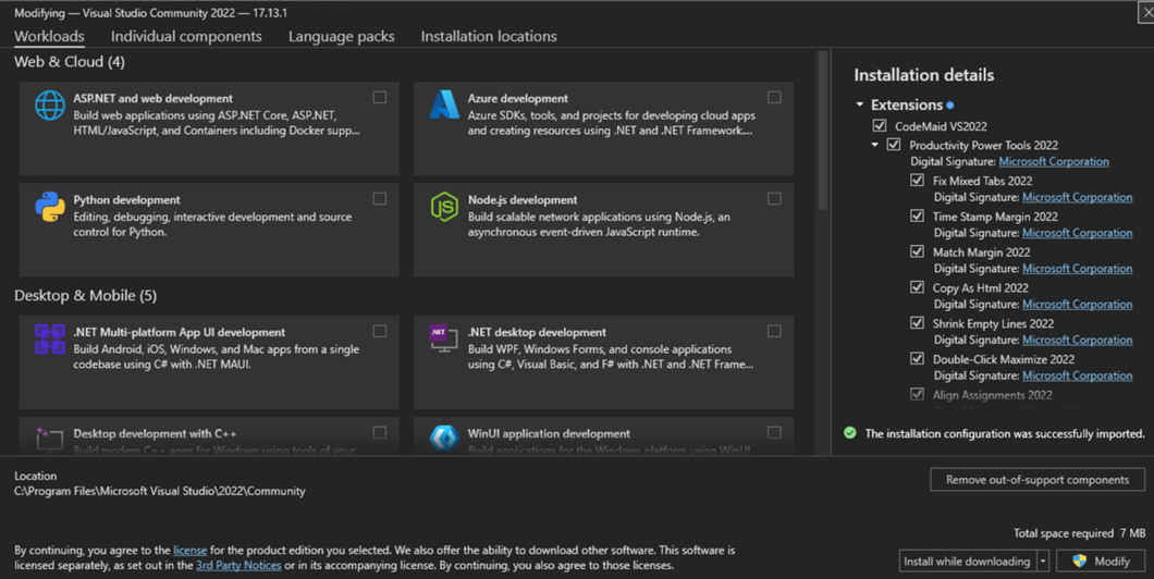 Установка расширения с помощью установщика Visual Studio