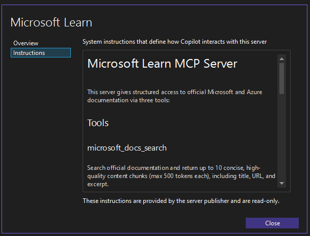 Окно инструкций сервера MCP в Visual Studio