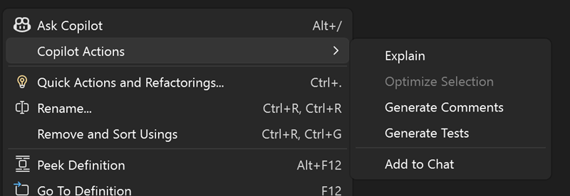 Screenshot контекстного меню Visual Studio с пятью действиями Copilot, включая описание, оптимизацию выделения, создание комментариев, создание тестов и добавление в чат