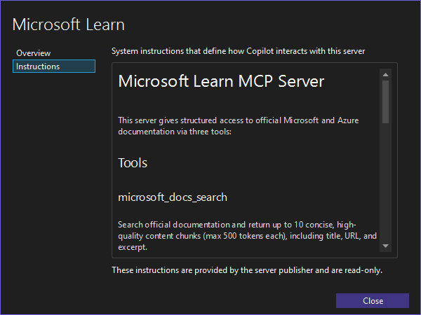 Окно инструкций сервера MCP в Visual Studio