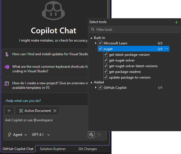 Найдите сервер MCP с именем Nuget и установите флажок, чтобы включить его.