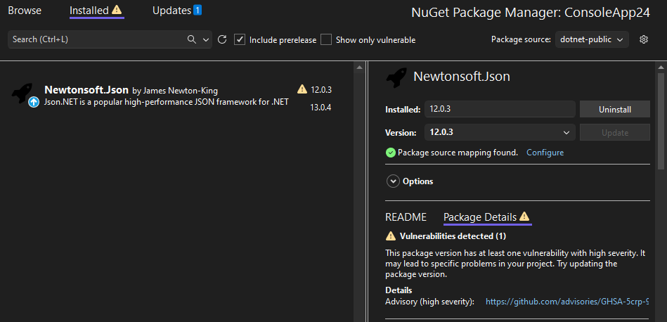 Менеджер пакетов NuGet показывает уязвимость, обнаруженную в ходе аудита из настроенного источника