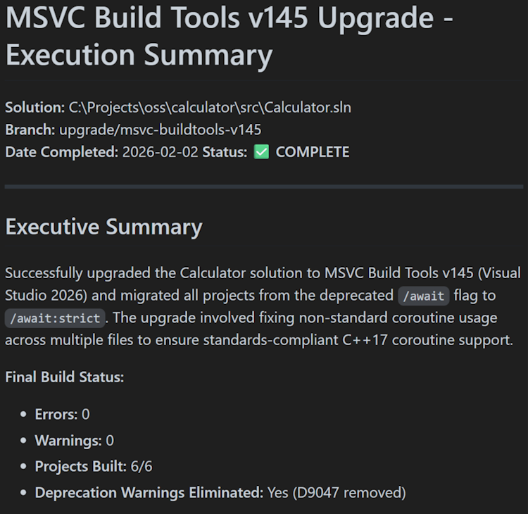 Copilot обновляет проекты и код, чтобы использовать последнюю версию MSVC и создает подробный отчет
