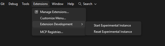 Параметры меню экспериментального экземпляра в Visual Studio