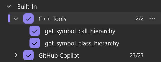 Список доступных средств C++ в параметрах Copilot Chat