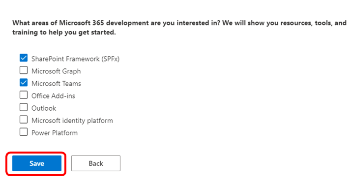 Выбор области разработчика Microsoft 365