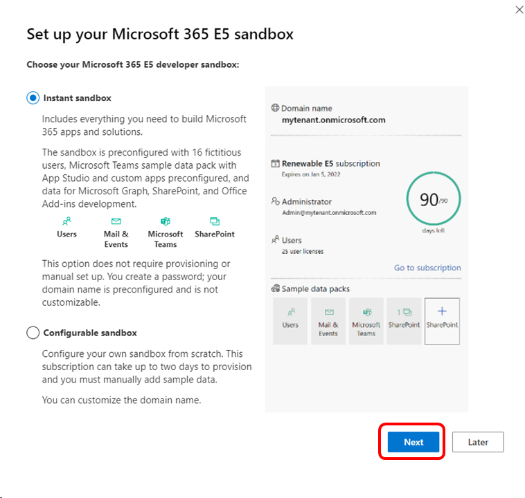 Выбор песочницы разработчика Microsoft 365