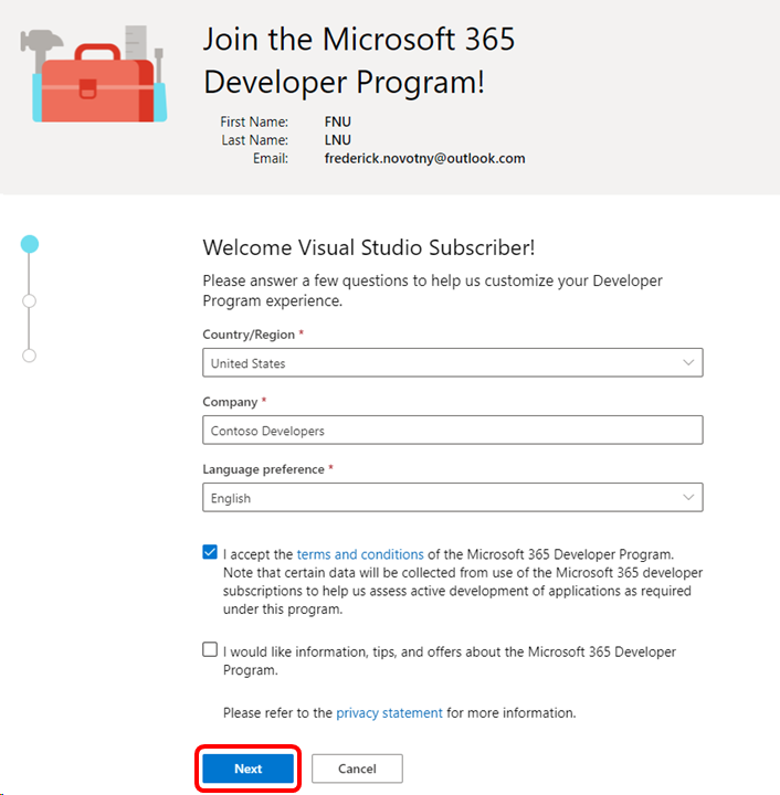 Снимок экрана приветствия разработчика Microsoft 365