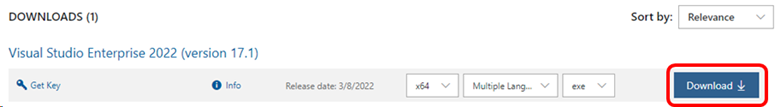 снимок экрана: панель сведений о скачивании для Visual Studio Enterprise.