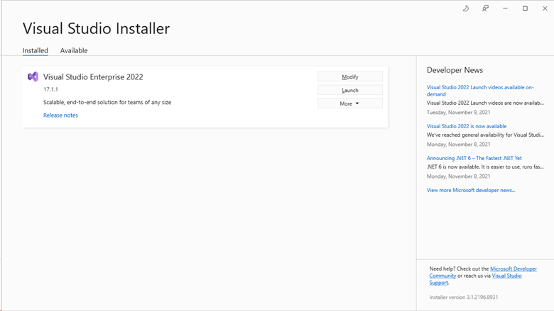 снимок экрана панели установщика Visual Studio, в которой перечислены установленные версии или версии.