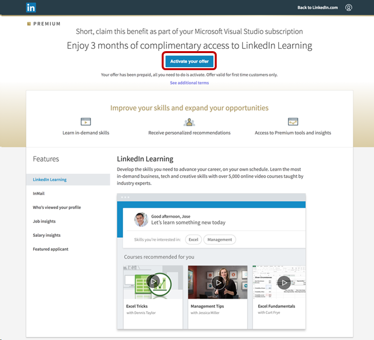 Снимок экрана активации LinkedIn Learning