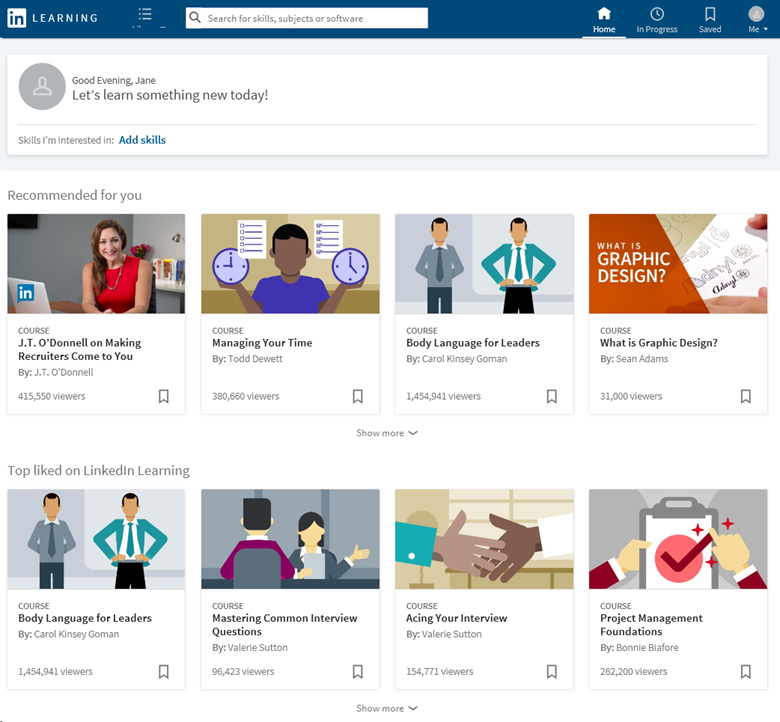 Снимок экрана дома LinkedIn Learning для
