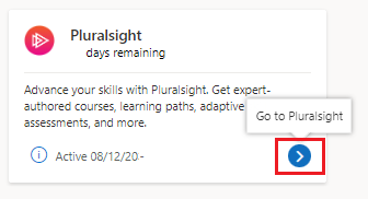 Снимок экрана: плитка преимущества Pluralsight в подписке Visual Studio после активации.