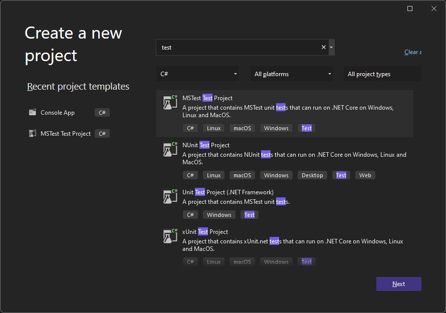 Шаблон проекта юнит-тестирования в Visual Studio 2022