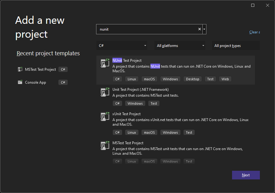 NUnit в Visual Studio 2022