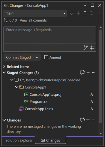 Снимок экрана: диалоговое окно фиксации Git в Visual Studio.