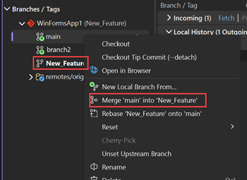 Снимок экрана слияния ветвей в Visual Studio.