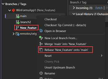 снимок экрана: реорганизация веток в Visual Studio.