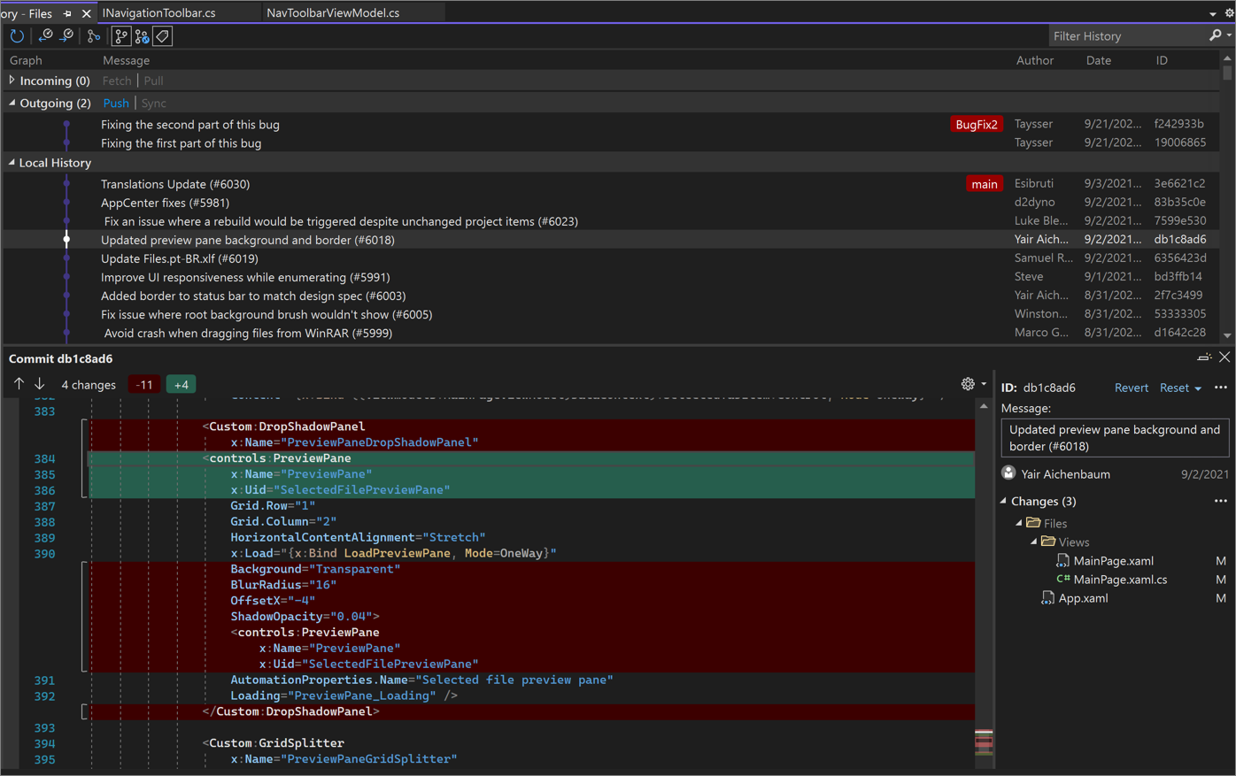 Диалоговое окно «Сведения о коммите» в Visual Studio 2022.