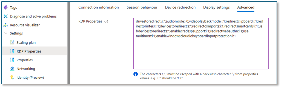 Снимок экрана: параметр enablewindowscloudiokeyboardinputprotection в портал Azure свойства RDP.
