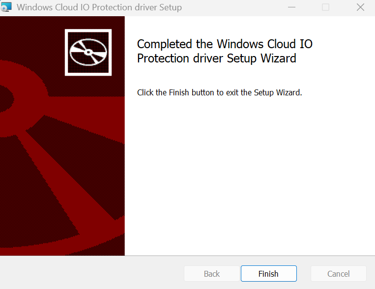 Снимок экрана после успешной установки драйвера Windows Cloud IO Protection.