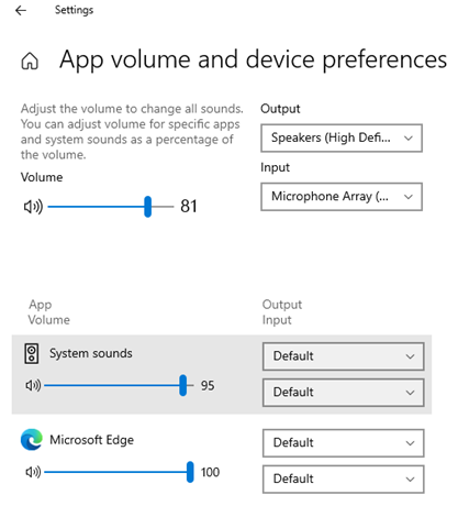 Снимок экрана страницы настроек громкости приложений и устройства в Windows 10.
