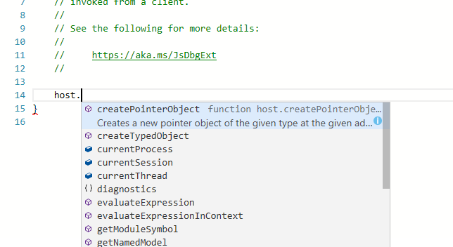 Снимок экрана окна 'Скриптов' в WinDbg с поддержкой IntelliSense и подсветкой ошибок.