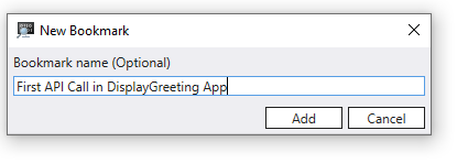 Снимок экрана: диалоговое окно создания закладки с примером имени первого вызова API в приложении 