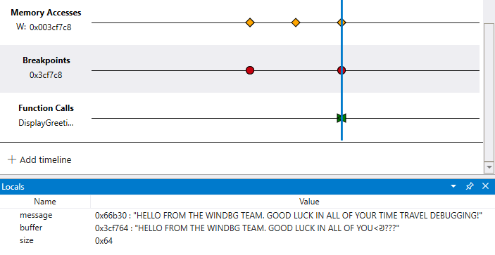 Временная шкала в отладчике, отображающая доступ к памяти временная шкала и локальное окно с сообщением и буфером, содержащим различные строковые значения.
