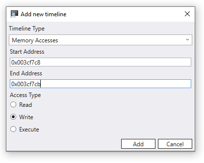 Добавление диалогового окна временная шкала доступа к памяти с выбранной кнопкой записи и начальным значением 003cf7c8.