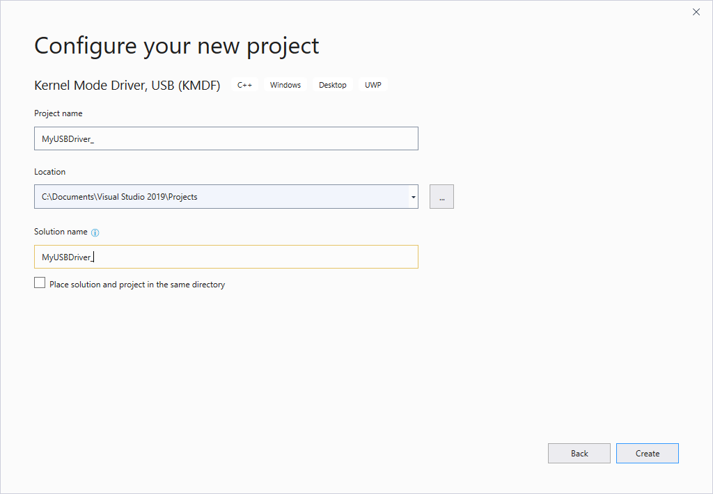 Второй экран параметров нового проекта Visual Studio.