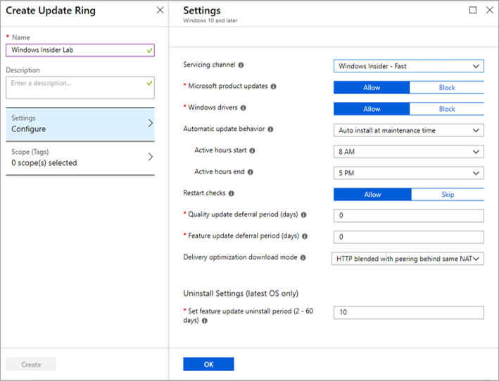 Параметры круга обновления Intune